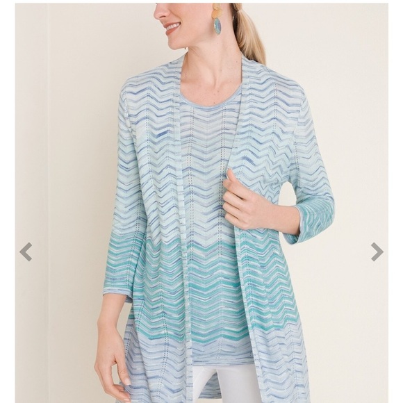 Chicos Sweater Set Cardigan Open Front + Tank Stripe LS Pattern Blue Multi Sz 4 - Picture 1 of 6